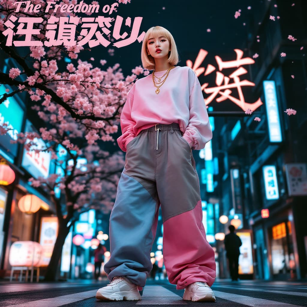 AI generated: A bold Japanese hyperrealistic advertising poster features a stunning Asian model with sleek, blonde...
