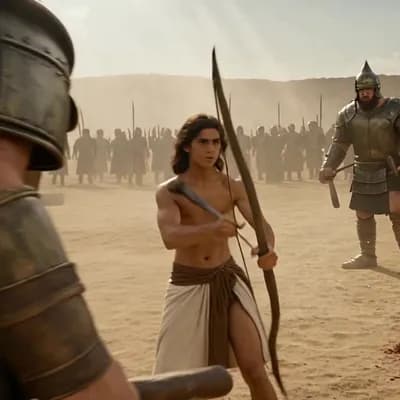 AI generated video: Generate a video of David before Goliath fighting, and the giant died and be the prompt engineer wit...