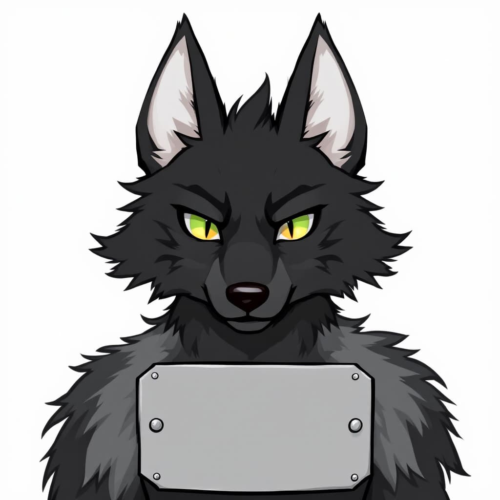 AI generated: Black Wolf fursona with gray highlights. It has four ears. It also has four eyes, which contain an o...