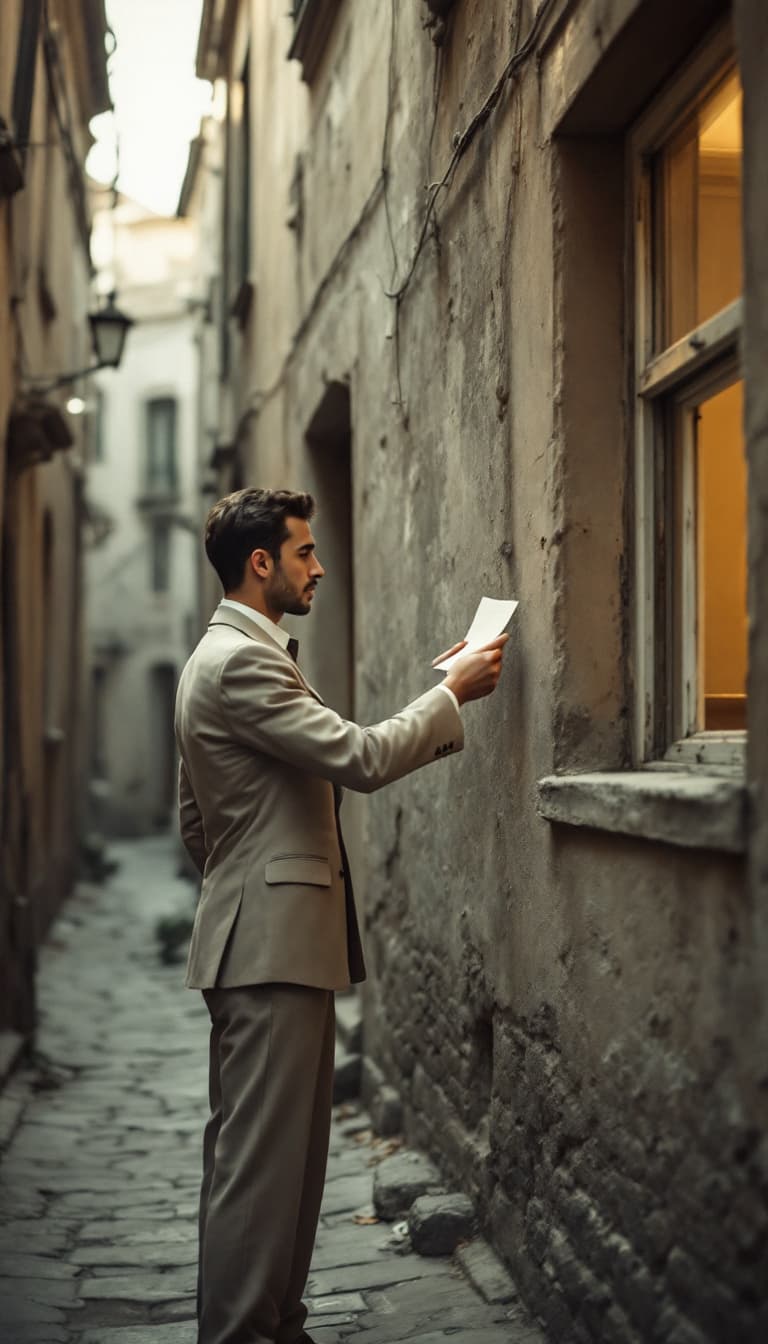AI generated: A young man from the 1950s standing outside an old Iranian house in the narrow alley. The window of ...