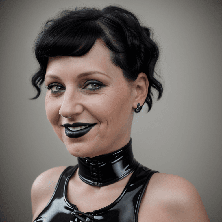 AI generated: hyper realistic headshot photo of a 45 year old amish woman, wearing a latex corset, black short hai...