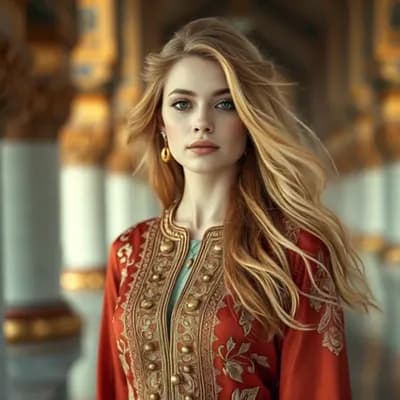 AI generated video: "High-resolution portrait. A stylish 22-year-old redhead supermodel, tall, slim waist, walking towar...