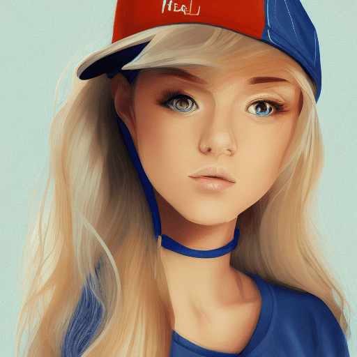 AI generated: beautiful girl, blue baseball cap, long blond hair, light top, neckline, sweatpants, sneakers, elega...