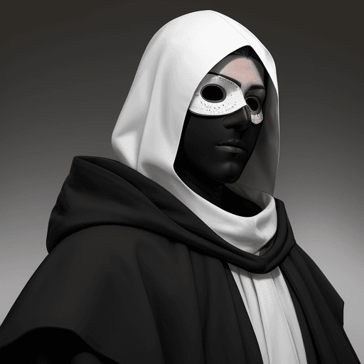 AI generated: high resolution, male, white old cracked mask with only eye-holes, black robes and hood, gloves, sha...
