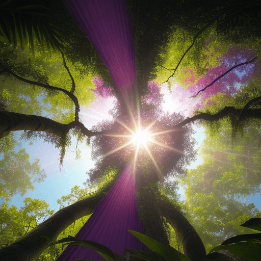 AI generated: Stained glass, vibrant pink, orange, purple, and blue rays of sunlight peaking through the towering ...