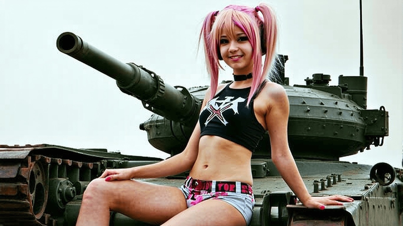 AI generated: ultra realistic, 18 year old tank girl cosplay. Crop top. Tiny shorts. Straddling tank muzzle. Sexy