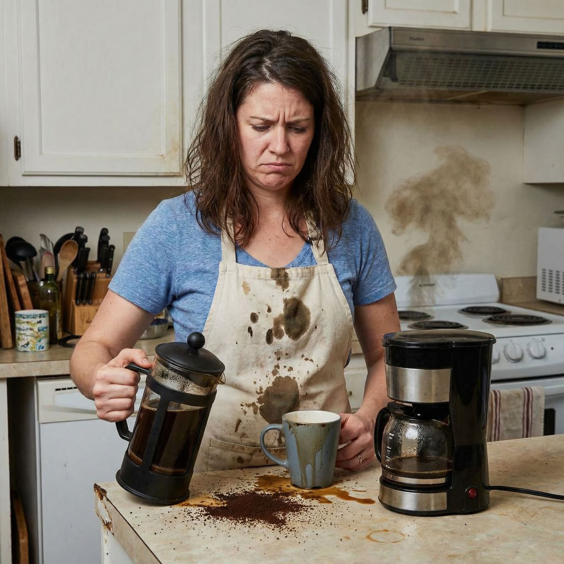 AI generated: Woman are trying to make a coffee but it's not gonna be good