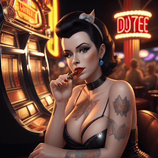 AI generated: Betty Paige likeness, burlesque model, puffing cuban cigar, slot machine ,  jackpot, intricate artwo...