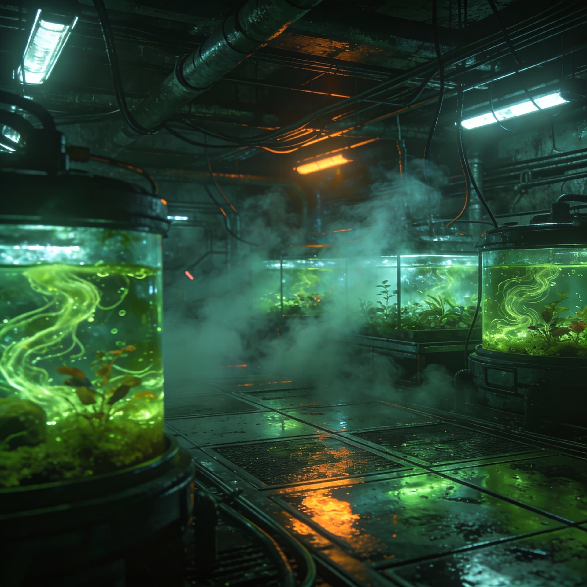 AI generated: Interior, dark sci-fi bio-lab, glowing green bioreactor tanks filled with swirling algae and bioengi...