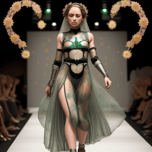 AI generated: a full scale full body boba fett on a catwalk wearing a dress adorned with small metal ajoure circle...