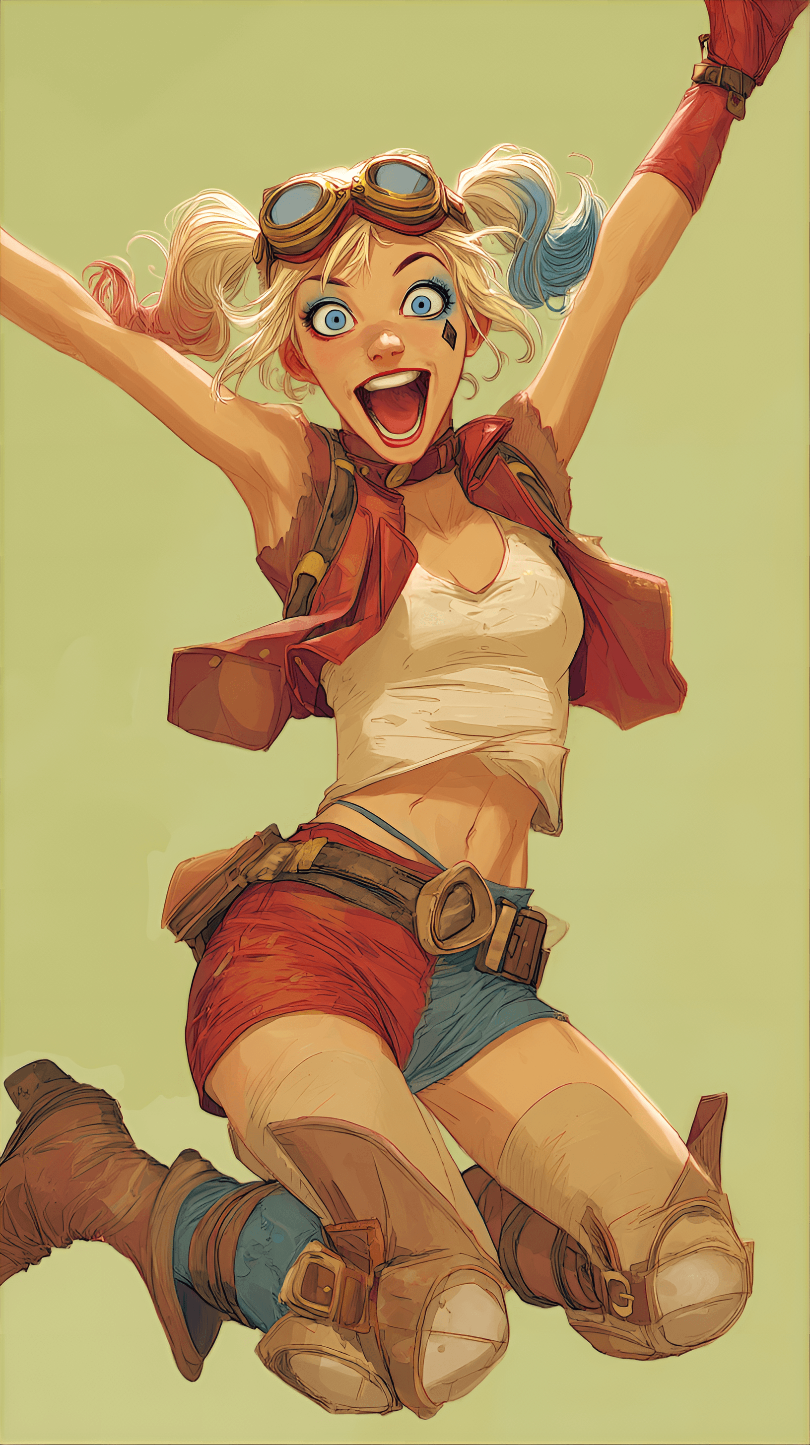 AI generated: vibrant, stylized illustration of Harley Quinn, the main subject, is depicted jumping with joy, cent...