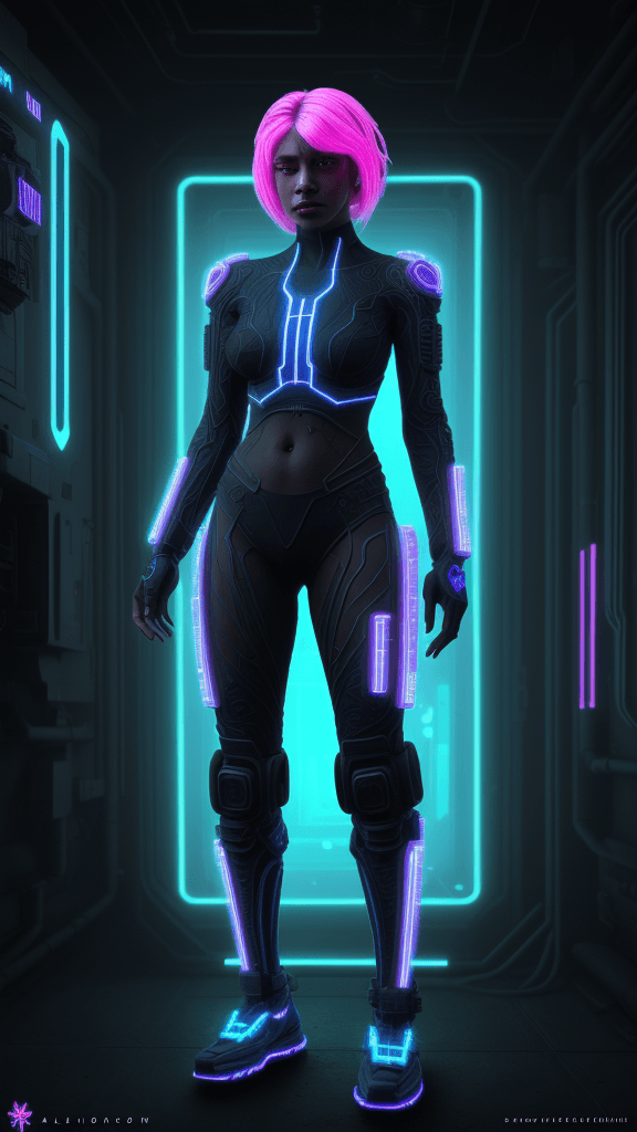 AI generated: blacklightfractalneonholofluid cyberpunk character