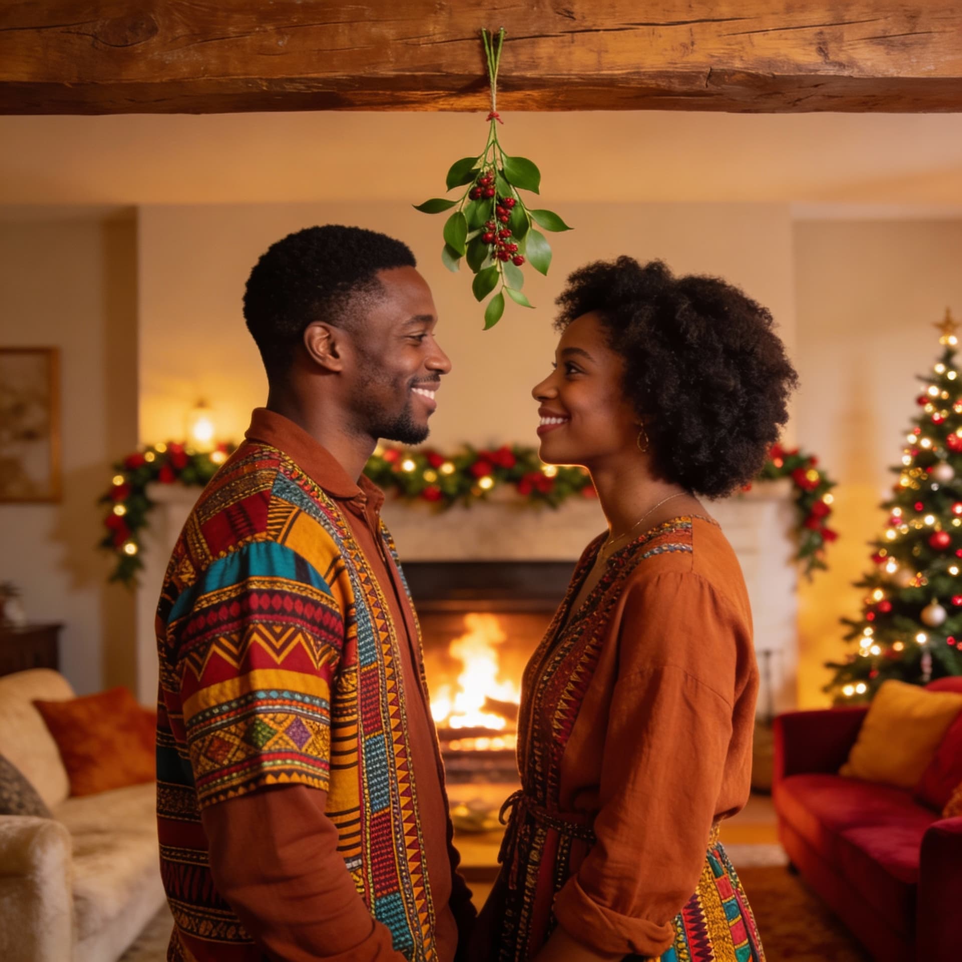 AI generated: A warm and inviting living room decorated for the holidays, with soft golden lights and a cozy firep...