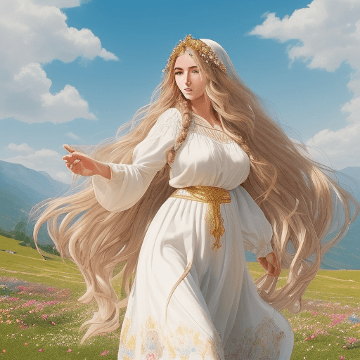 AI generated: A stunning Serbian woman with very long flowing wavy hair adorned with  flowers and two tiny braids,...