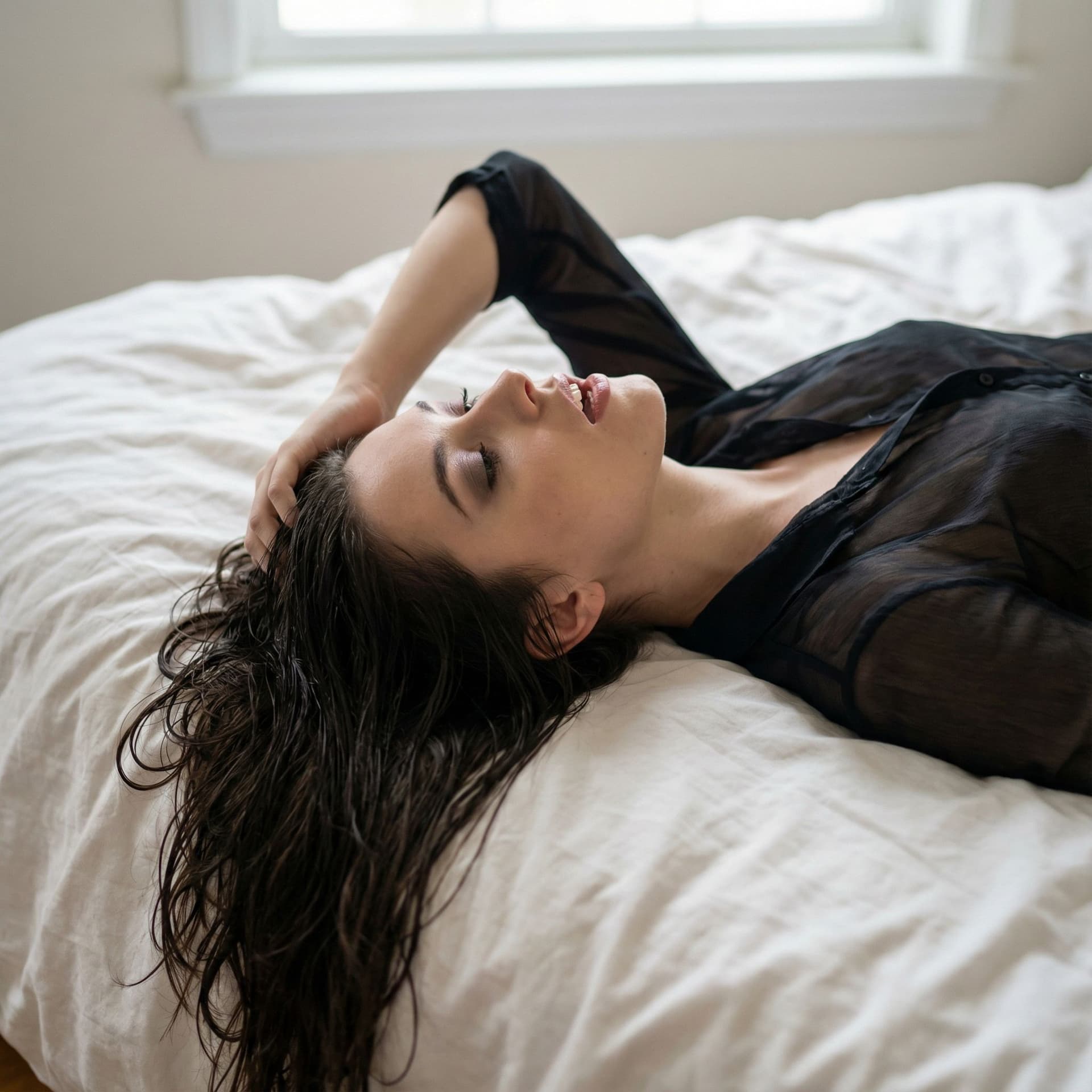 AI generated: photo realistic:2.0 masterpiece highest quality photograph realistic girl on bed mouth_open_moaning ...