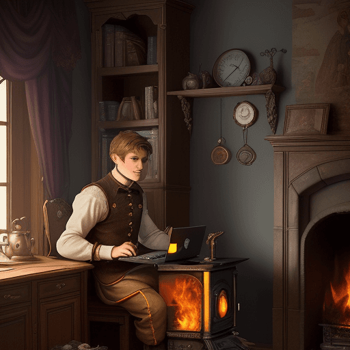 AI generated: Picture a fairy-tale guy, with a laptop in his hands, sitting on a Russian stove, similar to a stove...