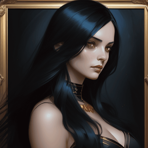AI generated: a woman with long black hair in a gold painting, in the style of charlie bowater, dark blue and dark...