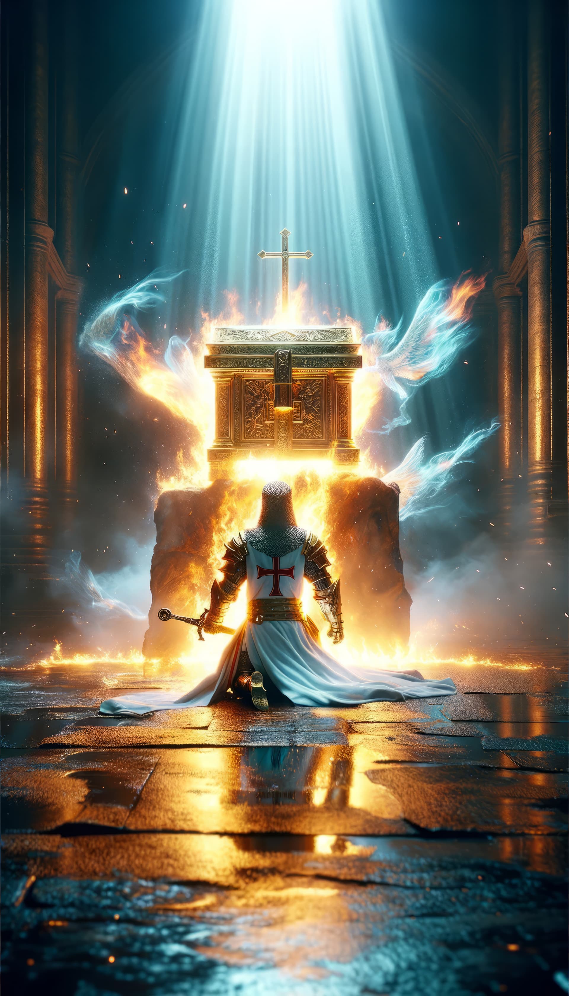 AI generated: A highly detailed scene depicting a knight templar kneeling in front of the Ark of the Covenant. The...