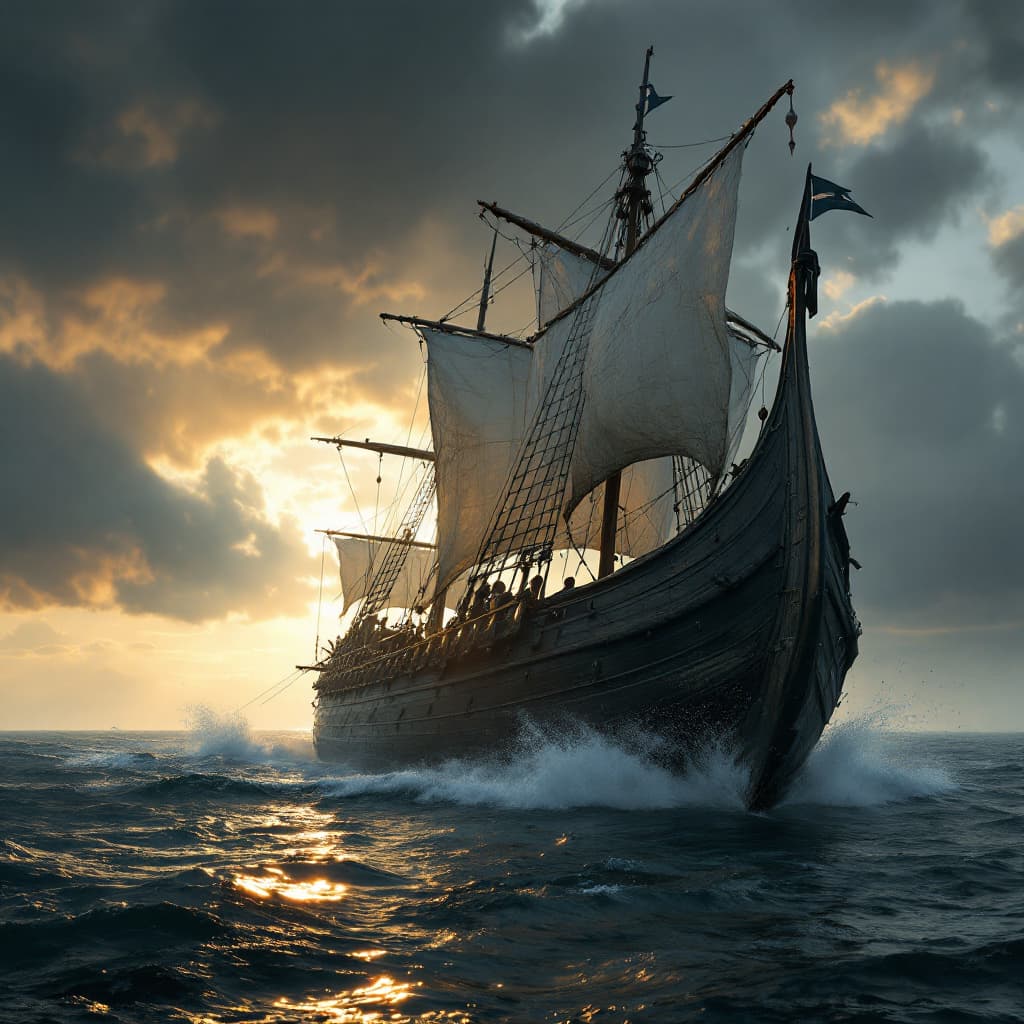 AI generated: Photo of a ultra realistic Viking longship, dramatic light, lighting storm, pale sunrise, cinematic ...