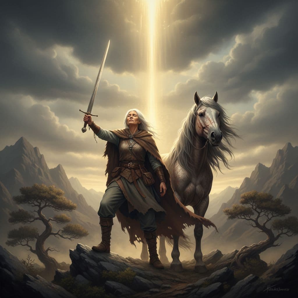 AI generated: old woman, standing, sword raised, looking up, eyes closed,  Heavenly light beaming down. Wearing be...