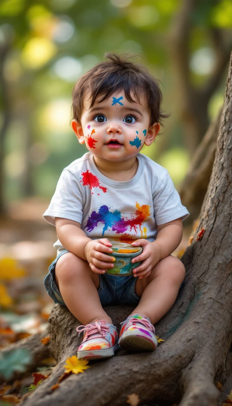 AI generated: High resolution photography
Little baby, sitting on tree, wearing paint, shoes, and T-shirt
 more re...