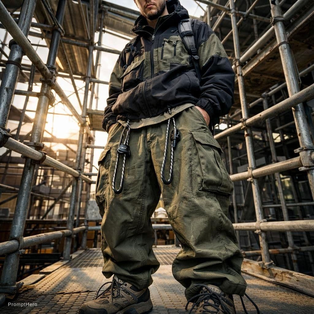 AI generated: photorealistic, wide angle, toe to head composition, distorted, street style of fashion, man model, ...