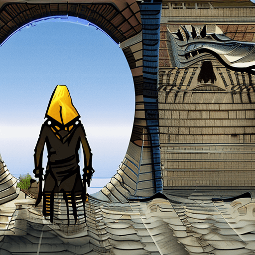 AI generated: Realistic image of Ruined post-apocalyptic city. Hooded person from the back.