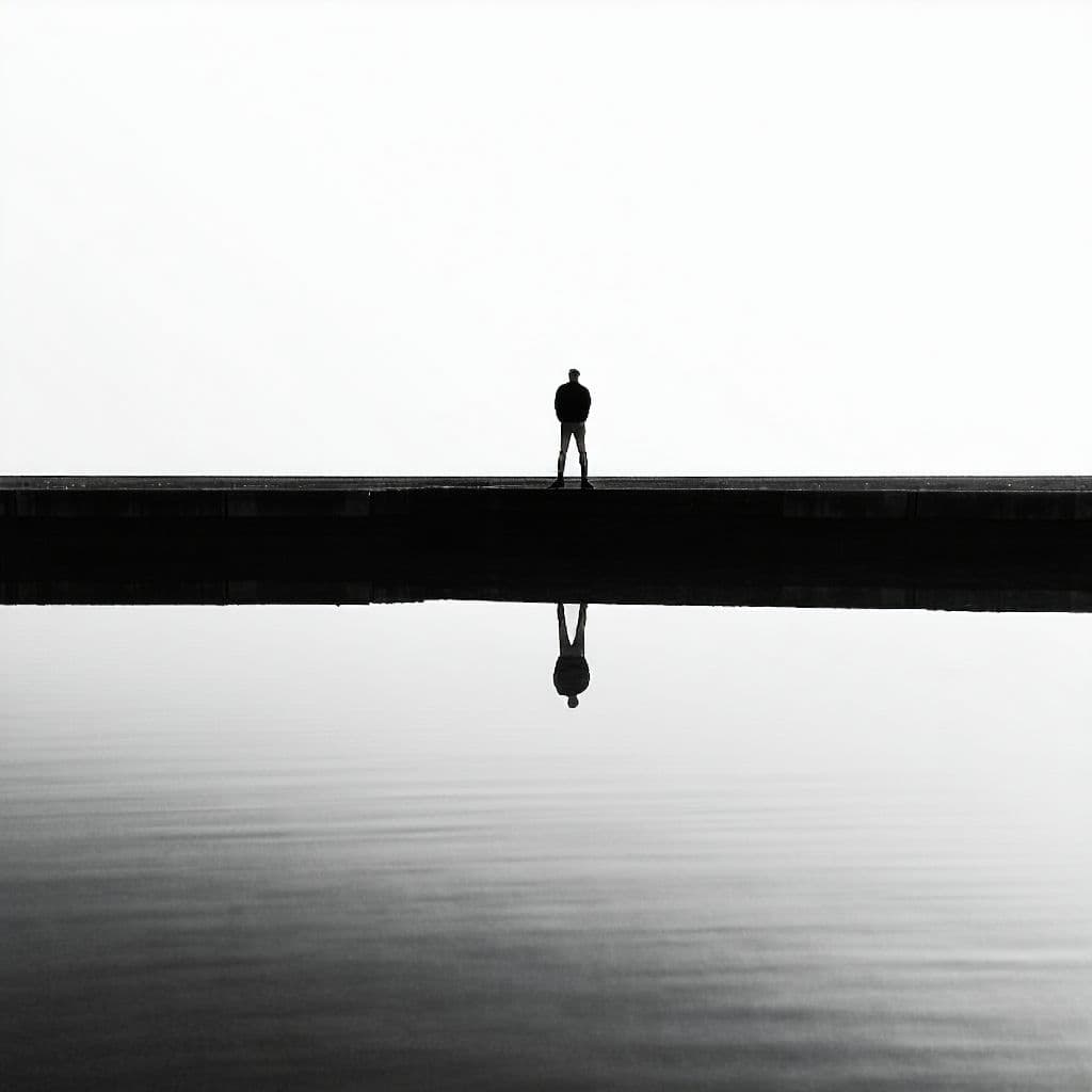 AI generated: lone figure standing at the edge of a still water body, perfectly reflected below, the reflected fig...