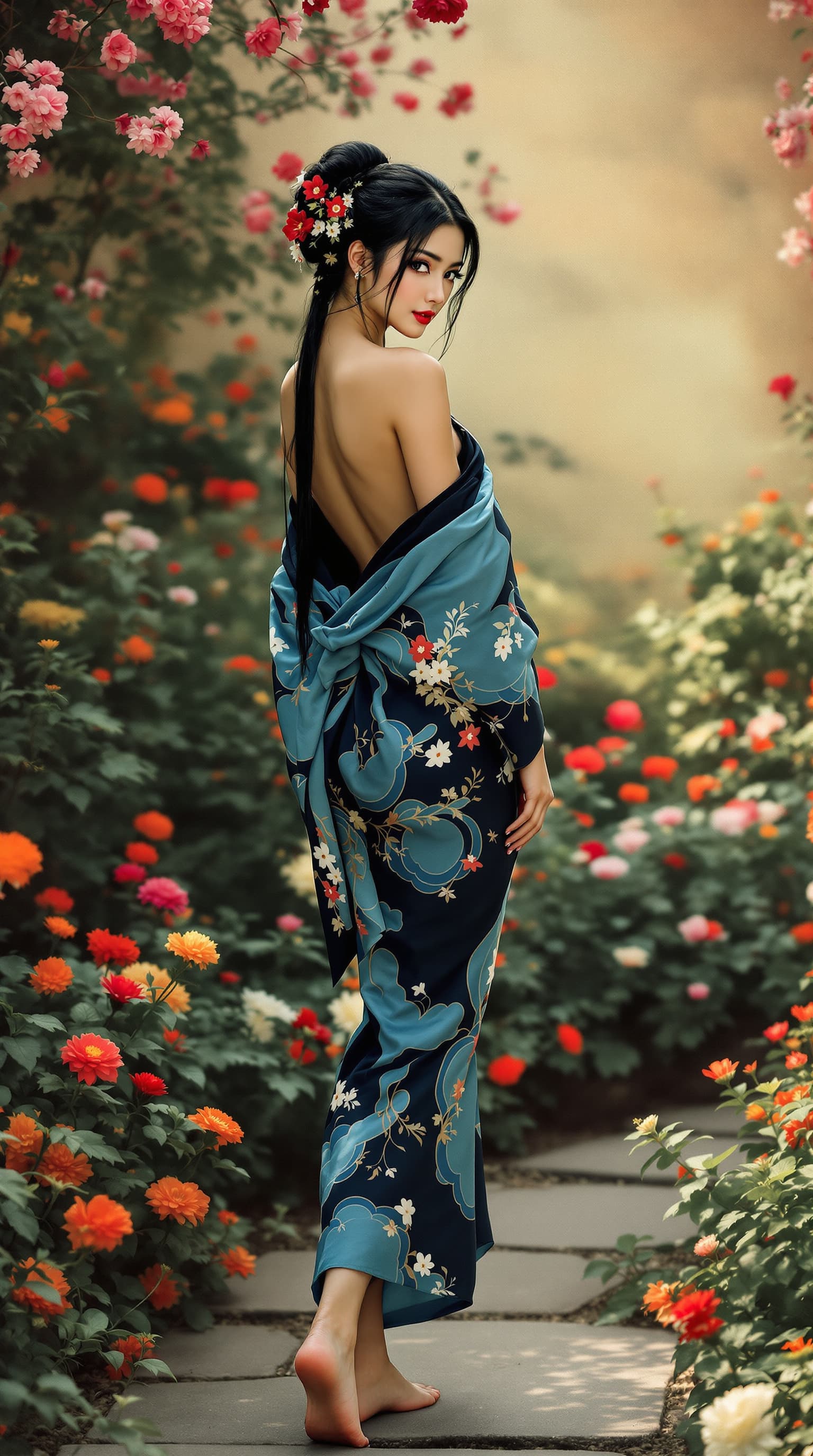 AI generated: Full-length view. A beautiful and stunning Asian woman in a very short blue and black kimono, partia...
