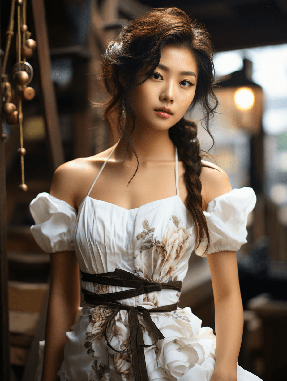 AI generated: an attractive asian girl in a white dress, in the style of hannah yata, light brown and light black,...