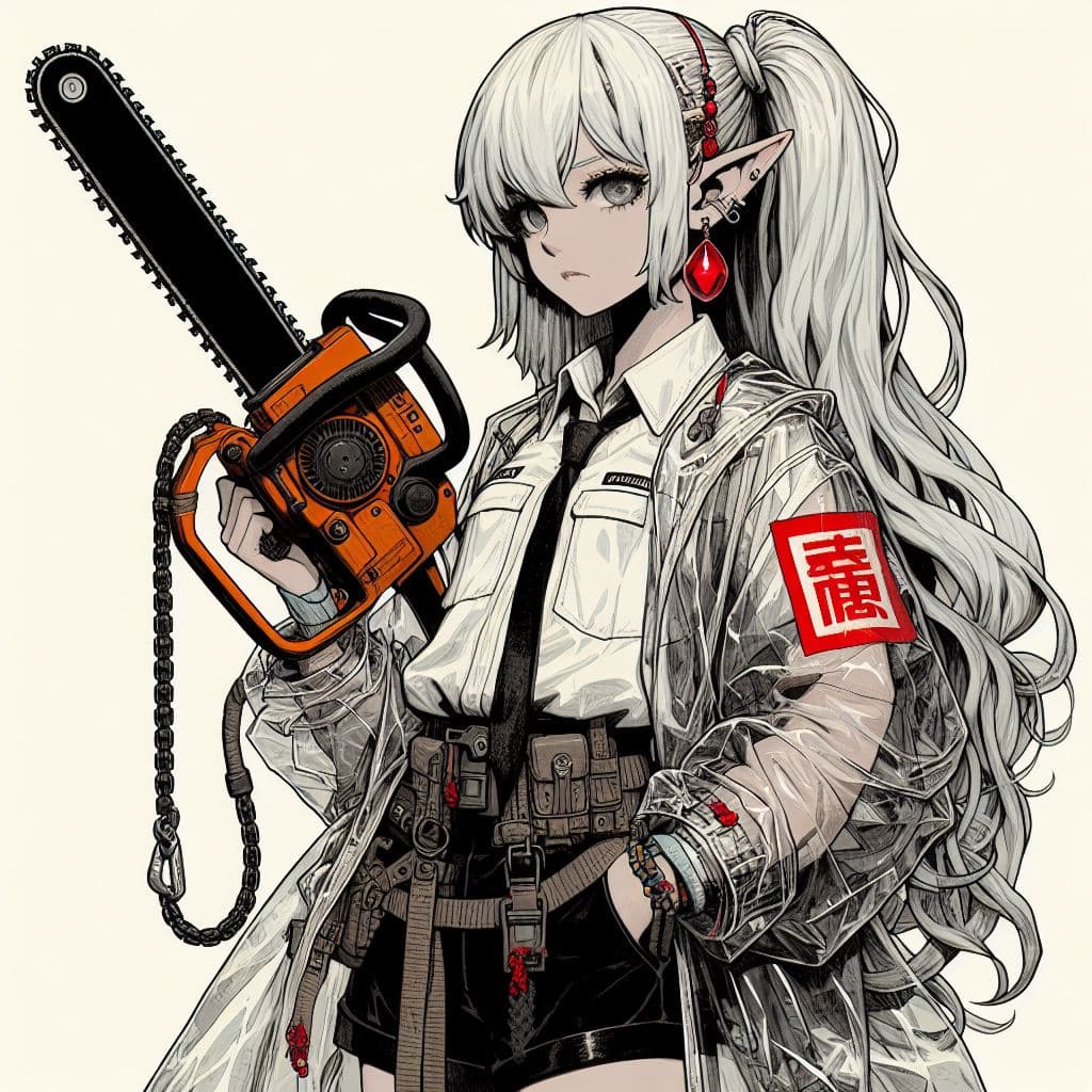 AI generated: Keith Haring style illustration, half-body, industrial punk elf holding a chainsaw, detailed Japanes...