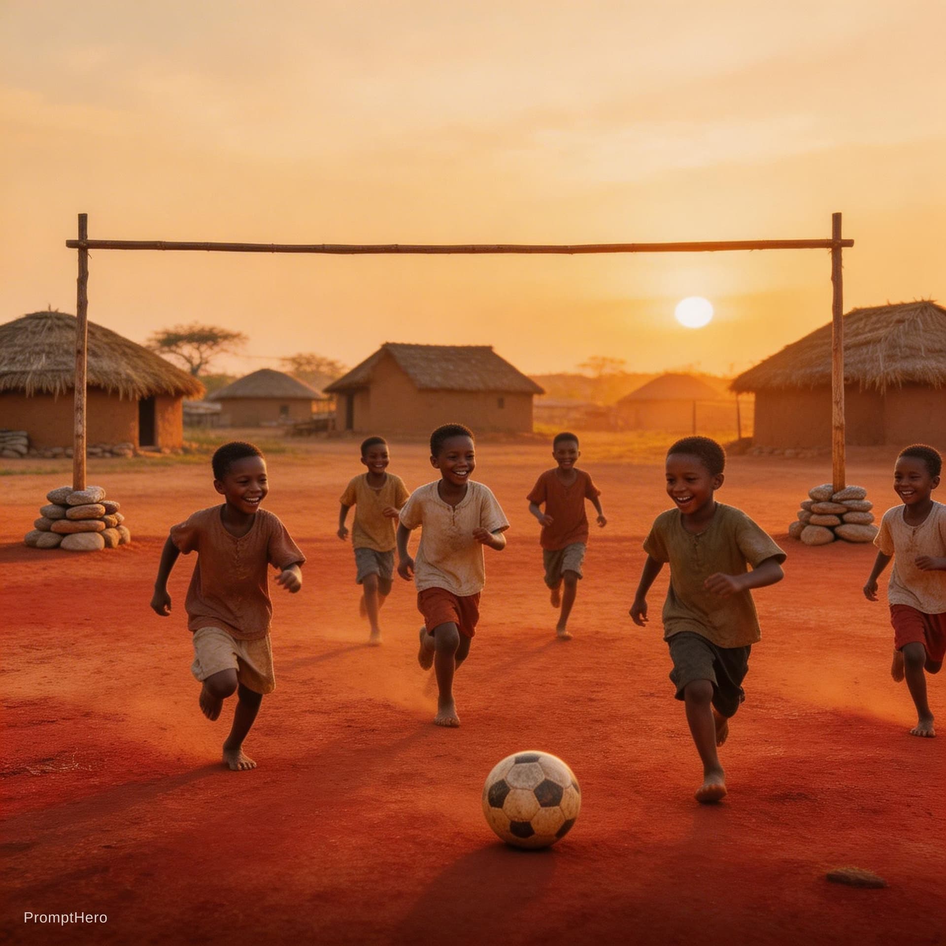 AI generated: A wide-angle, eye-level cinematic shot of rural African village children playing football on dusty r...