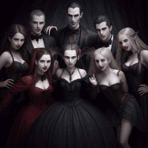 AI generated: photo with 7 vampires and in the middle there is a girl. the vampires want to dance with the girls. 