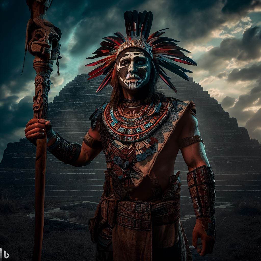 AI generated: wide-photography masked aztec warrior tlatoani holding atlatl, imposing, background: aztec pyramid, ...