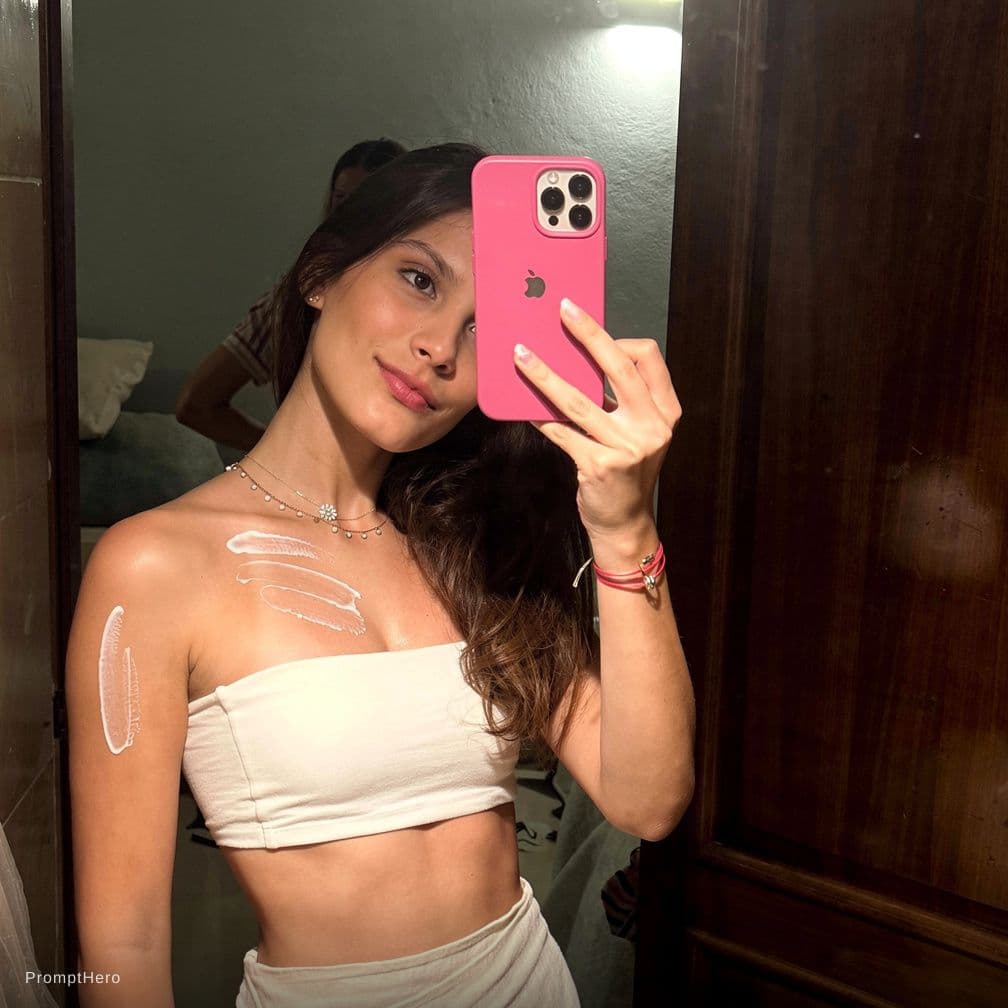 AI generated: Add a couple of lines of sunscreen to the center of her chest, and make it diluted don’t make it so ...