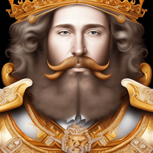AI generated: king portrait with full crown and diamond detailing, looking forward, bushy beard, facial details, s...