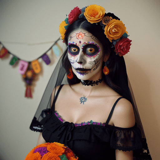 AI generated: color photo of a woman catrina dia de muertos, detailed descriptions of her intricate sugar skull ma...