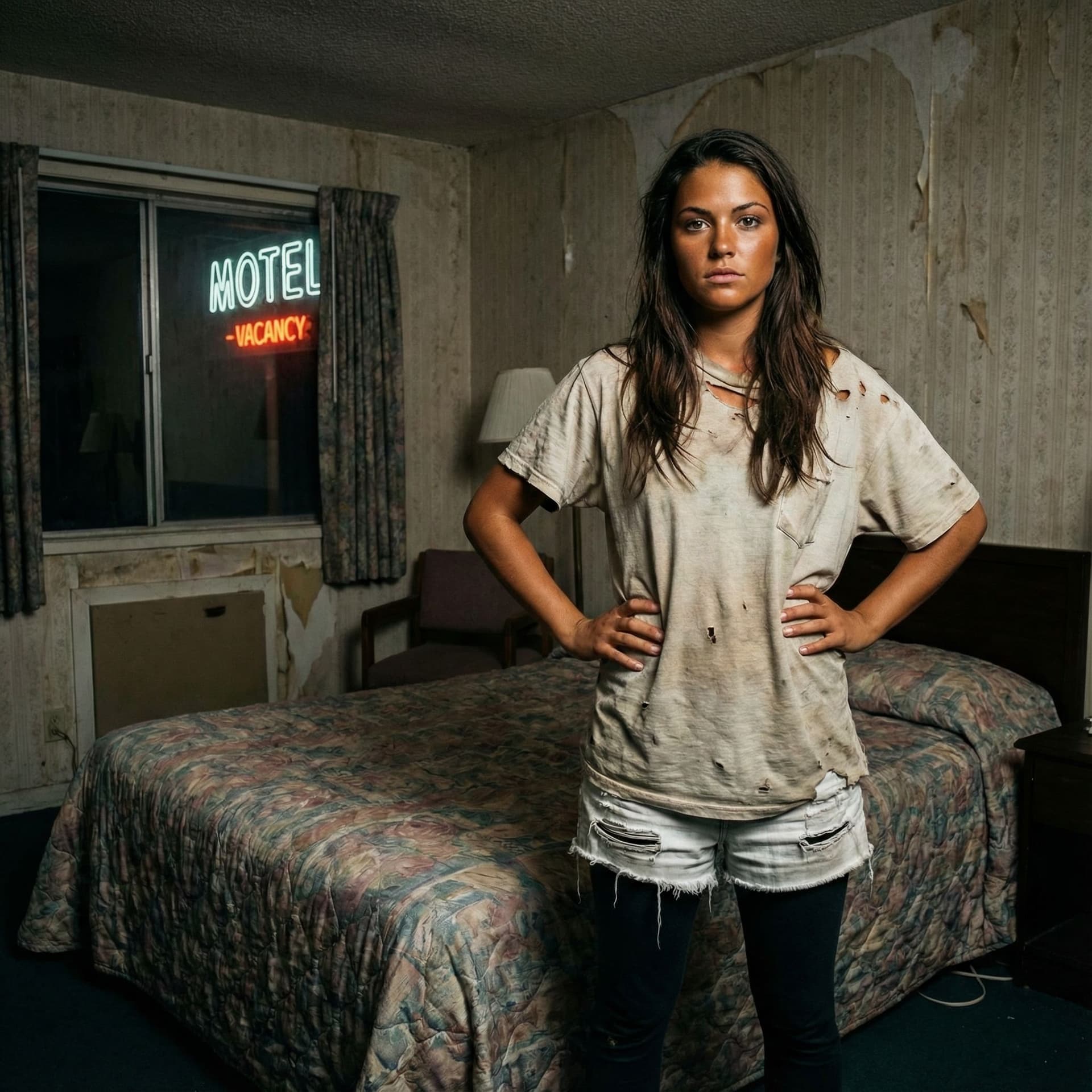 AI generated: In a very cheap looking motel room. One beautiful brunette girl with a tan and brown eyes is standin...