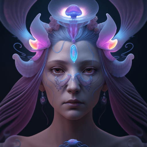 AI generated: Goddess close-up portrait ribcagel. jellyfish phoenix head, nautilus, orchid, skull, betta fish, bio...