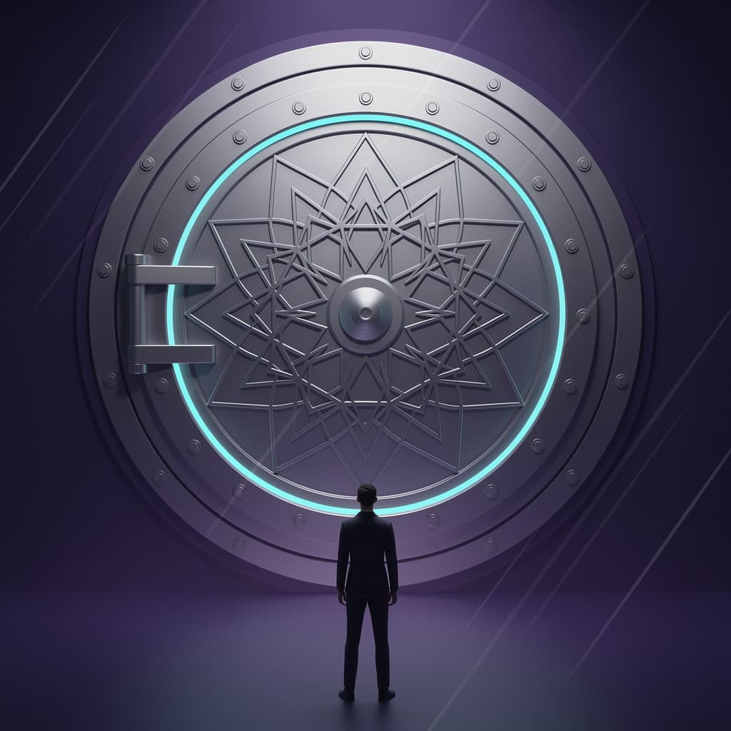 AI generated: figure seen from behind standing before a large closed vault door, door has 
geometric lotus pattern...