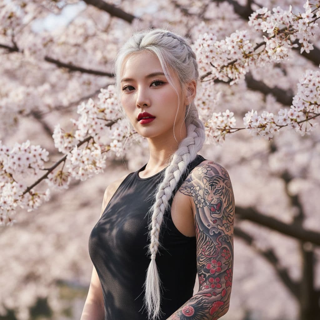 AI generated: Hyperrealistic portrait of a stunning Korean kpop idol with a white braided ponytail, full sleeve ta...