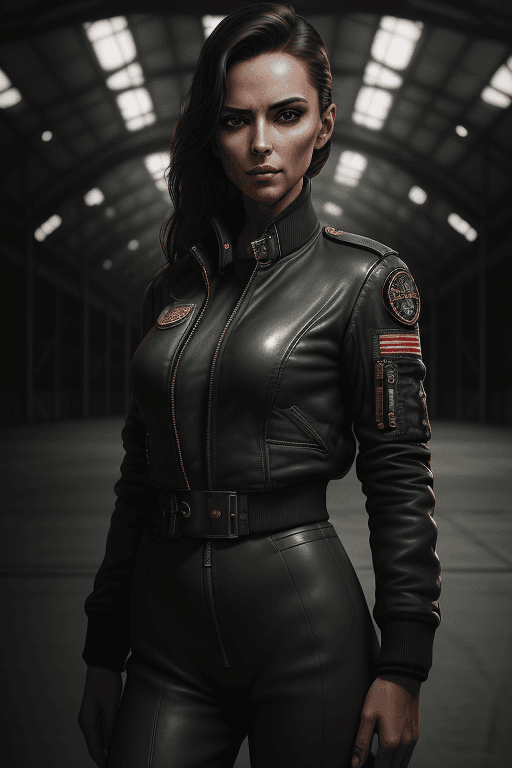 AI generated: photorealistic full body portrait of stunning, sly female pilot in a hangar, old leather uniform, bo...