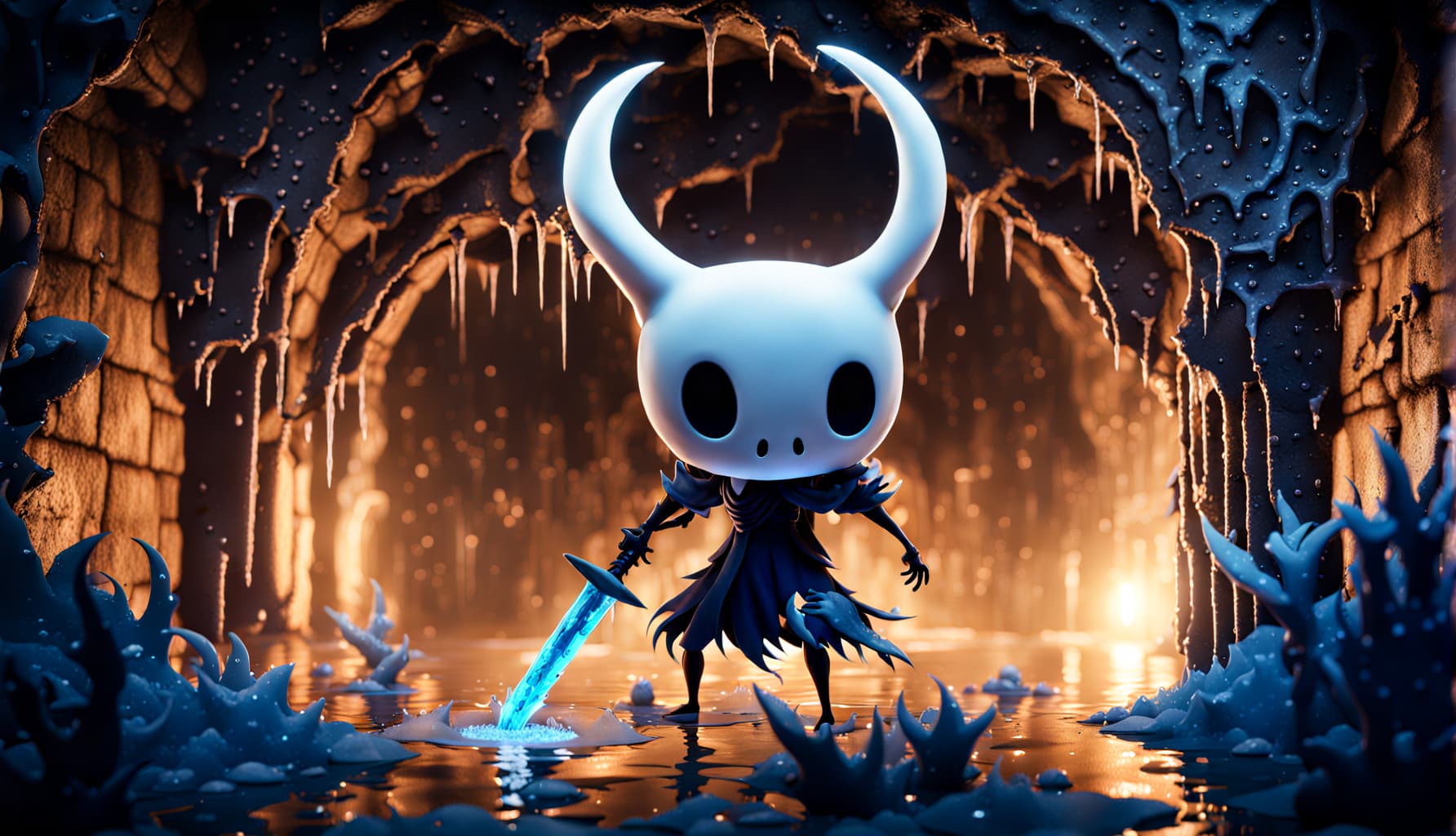 AI generated: Intricate CG unity wallpaper, close-up, Hollow Knight round mask, the black cone shape cloak , he is...