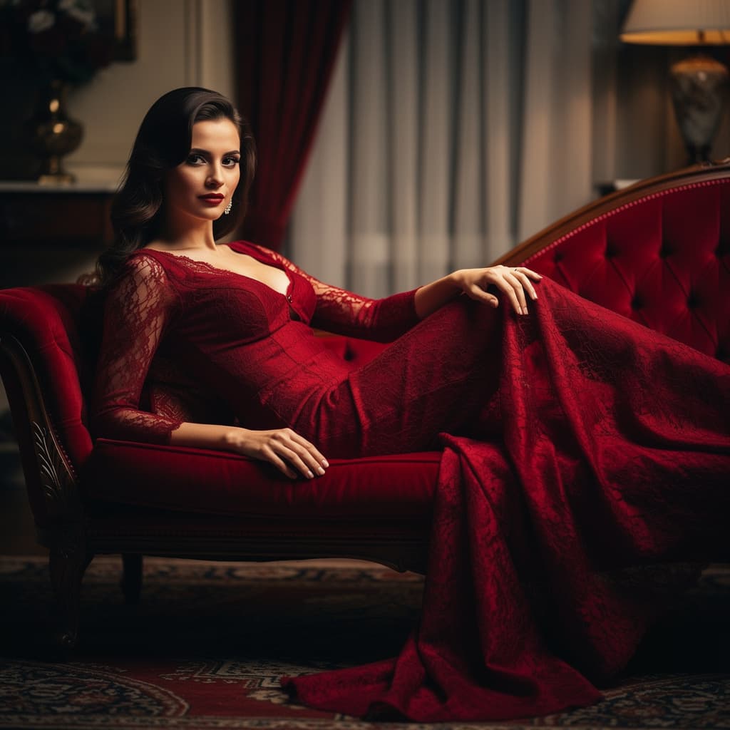 AI generated: Artistic portrait of a breathtaking woman in crimson lace lingerie, lounging on a red velvet chaise ...