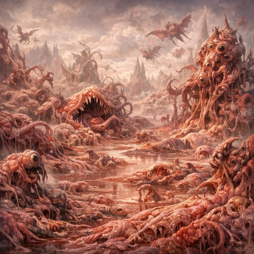 AI generated: Create a unique environment/Biome of a Mutation → The Shifting Fleshlands (constantly changing lifef...