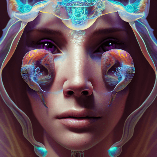 AI generated: Goddess close-up portrait ribcagel. jellyfish phoenix head, nautilus, orchid, skull, betta fish, bio...