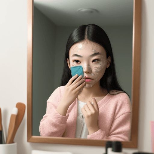 AI generated: A real photo of a young Asian woman with acne on her face looking herself in the mirror feeling inse...
