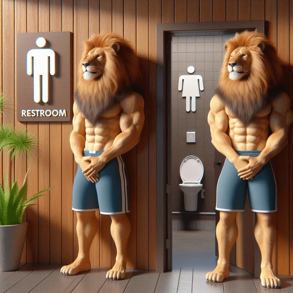 AI generated: Cinematic professional 3D animation of two long-furred lions in gym shorts standing under a restroom...