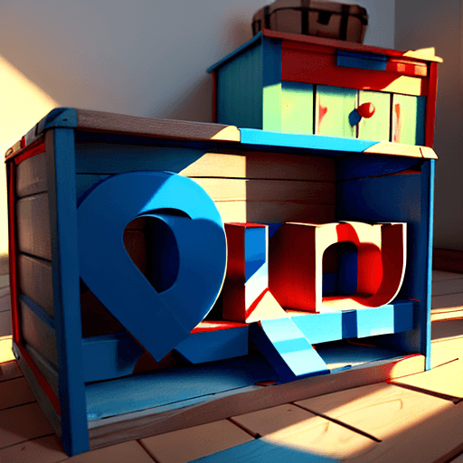 AI generated: empty wooden toy box with the lid open.  Blue and red painted letters and numbers on the outside of ...
