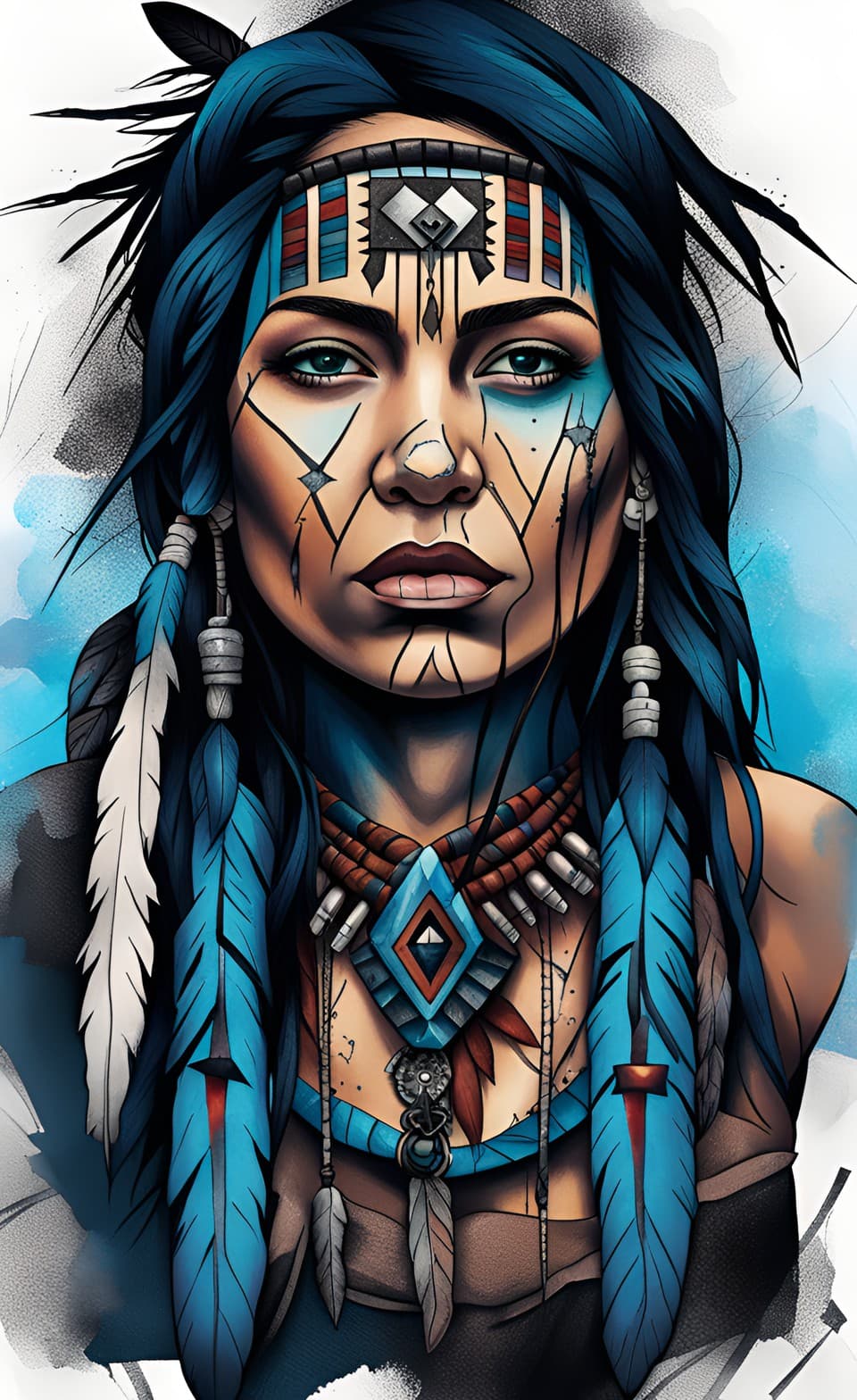 AI generated: A portrait of a female native indian, long messy hair, wearing a, Eagle feather headdresses, light c...